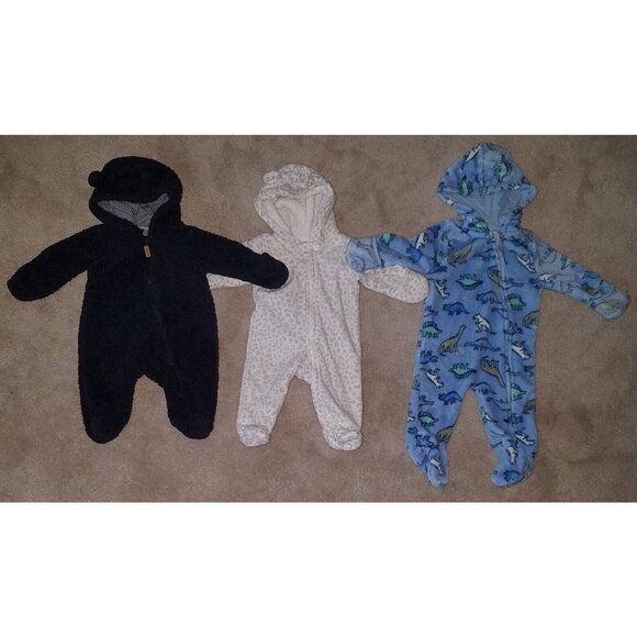 3 Hooded Footie Outfit Sleeper Lot Warm Winter Baby 3 3-6 Months Blue Carter's - Picture 1 of 16